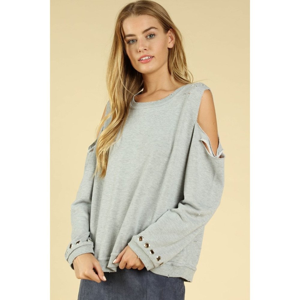 Honey Punch Distressed Grommet Top, Heather Gray